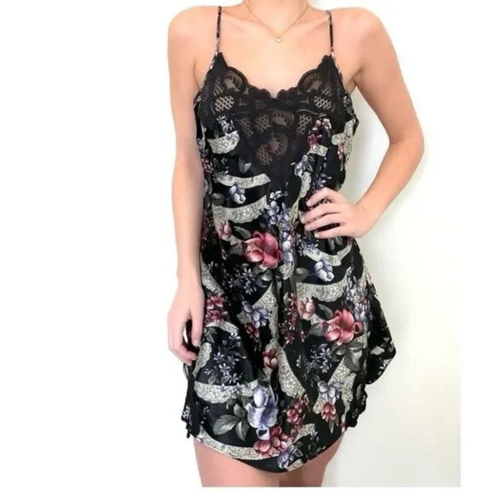 VINTAGE Victoria's Secret Gold Label Black Satin Nighty Slip Dress Small S Dark